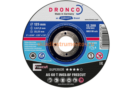Диск отрезной по нержавейке InoxFre AS60 BOX-10 (10 шт в жестяной коробке; 125x2/1x22.23 мм) DRONCO 6900947100