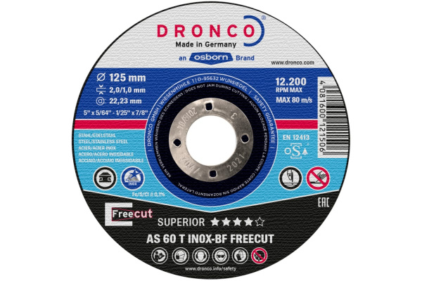 Диск отрезной по нержавейке InoxFre AS60 BOX-10 (10 шт в жестяной коробке; 125x2/1x22.23 мм) DRONCO 6900947100