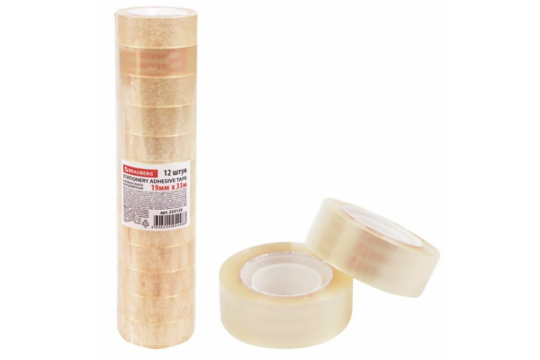 Клейкие ленты BRAUBERG 19 мм х 33 м, канцелярские, комплект 12 шт., прозрачные 223125