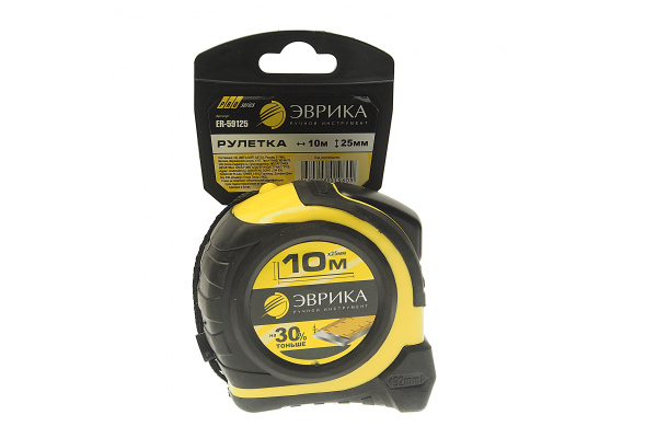 Рулетка ЭВРИКА 10м 25мм YELLOW профессиональная Pro-Grade с держателем ER-59125