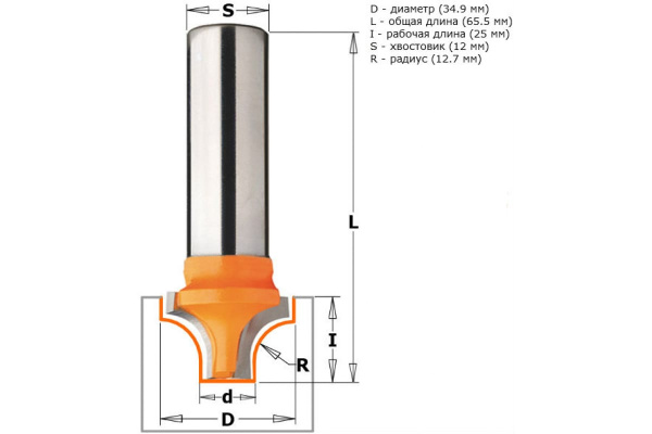 Фреза гравировальная радиусная (34.9x25 мм; R 12.7 мм; хвостовик 12 мм) CMT 965.904.11