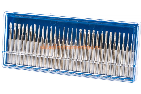 Набор мини-насадок Зубр с алмазным напылением в пластиковом боксе P 180 хвостовик диаметр 3 мм 30 предметов 33383-H30