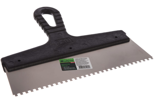 Шпатель из нержавеющей стали, 250 мм, зуб 4x4 мм, пластмассовая ручка СИБРТЕХ 85457
