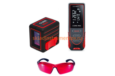 Комплект-5 ADA: лазерный уровень Cube MINI Professional Edition + дальномер Cosmo MINI + очки VISOR RED Laser Glasses А00551