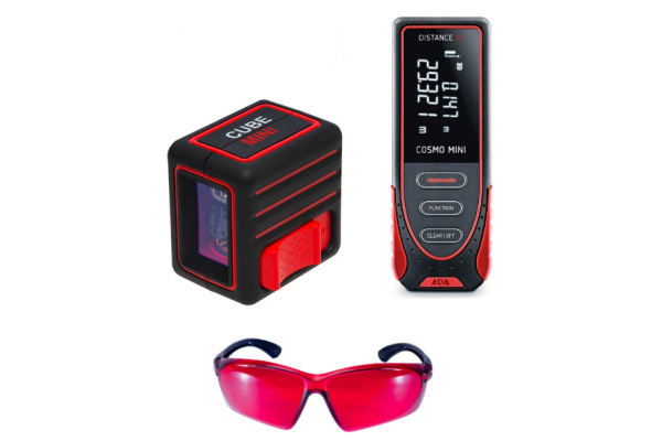 Комплект-5 ADA: лазерный уровень Cube MINI Professional Edition + дальномер Cosmo MINI + очки VISOR RED Laser Glasses А00551