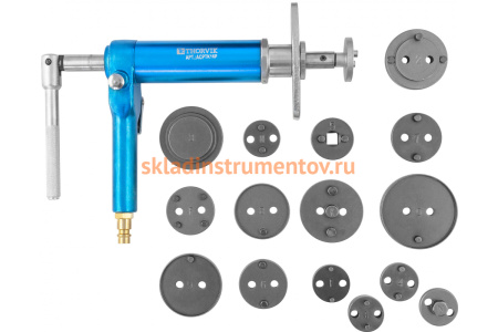 Приспособление с пневматическим приводом для возврата поршней дисковых тормозных механизмов в наборе, 16 пр. Thorvik ACPTK16P 53232