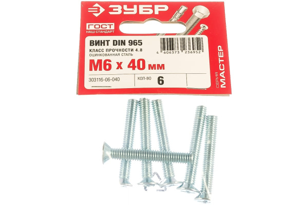 Винт ЗУБР DIN 965, M6 x 40 мм, 6 шт, кл. пр. 4.8, оцинкованный, 303116-06-040