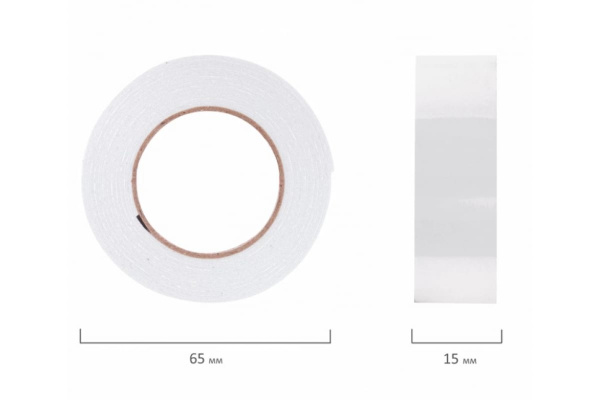 Клейкая двухсторонняя лента BRAUBERG 15 мм х 2 м, на вспененной основе, 1 мм, прочная 606418