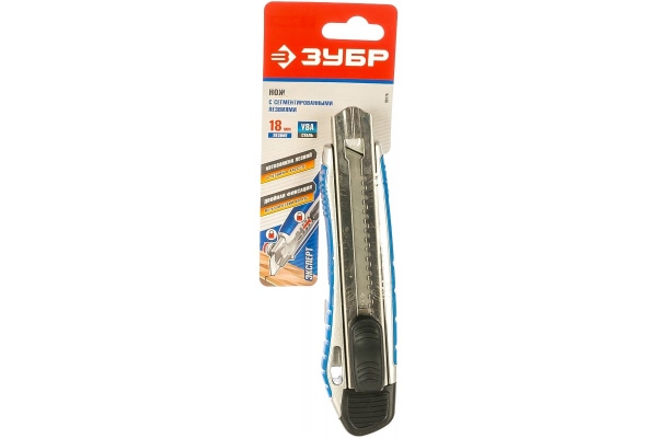 Нож, с сегментированным лезвием, металлический обрезиненный корпус, автостоп, допфиксатор, кассета на 5 лезвий, 18мм ЗУБР 09176