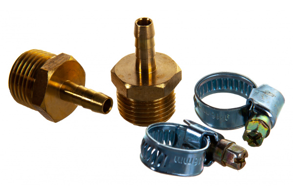 Штуцер пневматический наружная резьба 1/2- елочка 6 мм, 2 шт. + хомуты ROCKFORCE RF-MH08/04