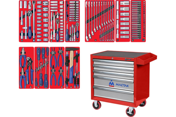 Набор инструментов СТАНДАРТ в красной тележке, 186 предметов МАСТАК 52-186R