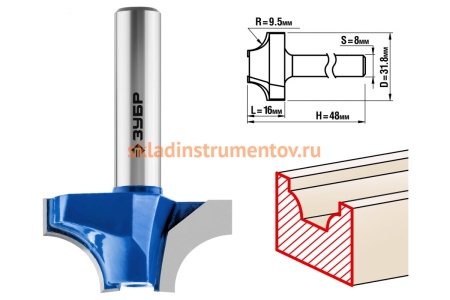 Фреза пазовая фасонная №1 ПРОФЕССИОНАЛ (31.8х16х48 мм; R9.5 мм; хвостовик 8 мм) Зубр 28740-31.8
