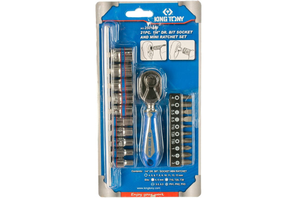 Набор вставок бит и головок с трещоткой 1/4 дюйма, 21 предмет KING TONY 2501MR