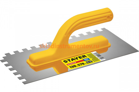 Штукатурная зубчатая нержавеющая гладилка с пластиковой ручкой Stayer Master 130x270мм, 10x10 мм, 08012-10