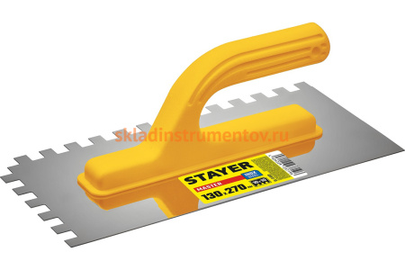 Штукатурная зубчатая нержавеющая гладилка с пластиковой ручкой Stayer Master 130x270мм, 10x10 мм, 08012-10