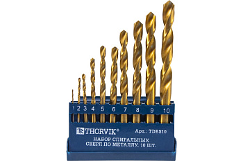 Набор спиральных сверл по металлу HSS TiN в пластиковом кейсе TDBS10 (10 шт; 1-10 мм) Thorvik 52479