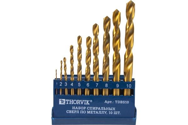 Набор спиральных сверл по металлу HSS TiN в пластиковом кейсе TDBS10 (10 шт; 1-10 мм) Thorvik 52479