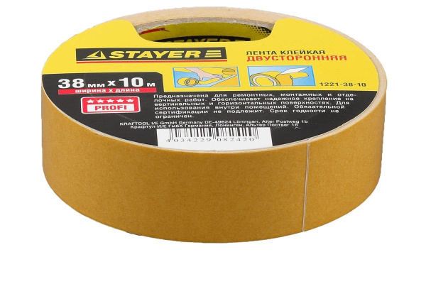 Двусторонняя клейкая лента STAYER PROFI 38 мм х 10 м 1221-38-10