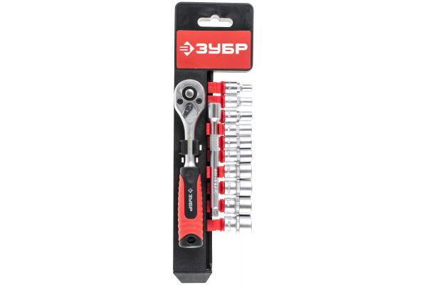 Набор торцевых головок Зубр МАСТЕР 1/4" на пластиковом рельсе, трещотка, удлинитель, Cr-V, 4-13мм, 12 предметов 27645-H12