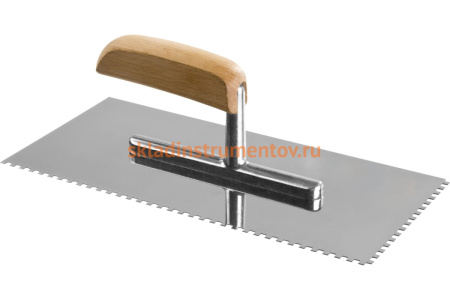 Гладилка Зубр Профи нержавеющая сталь, с деревянной ручкой, зуб 4х4мм, 130х280мм 0806-04_z01
