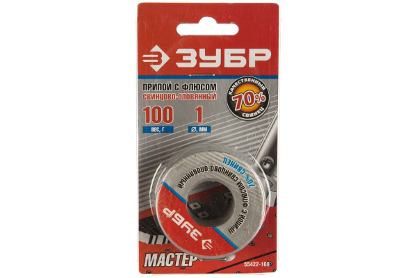 Припой оловянно-свинцовый (100 гр; 30% Sn; 70% Pb) Зубр 55422-100 Припой оловянно-свинцовый (100 гр; 30% Sn; 70% Pb) Зубр 55422-100