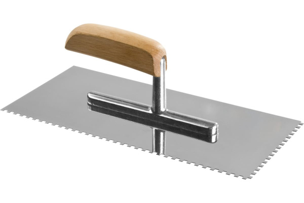 Гладилка Зубр Профи нержавеющая сталь, с деревянной ручкой, зуб 4х4мм, 130х280мм 0806-04_z01