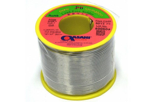 Припой (0.6 мм, 0.25 кг, Sn99,3/0,7Cu, 5013 флюс безотм. RMA) ASAHI 00-00004278