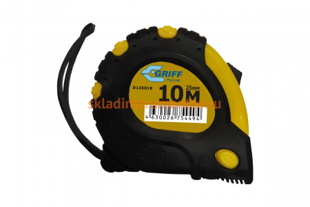 Рулетка 10мх25мм с 3 фиксаторами, в обрезиненном корпусе GRIFF d135018