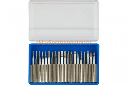 Набор мини-насадок Зубр с алмазным напылением в пластиковом боксе P 180 хвостовик диаметр 3 мм 20 предметов 33383-H20
