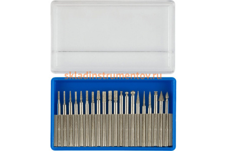 Набор мини-насадок Зубр с алмазным напылением в пластиковом боксе P 180 хвостовик диаметр 3 мм 20 предметов 33383-H20