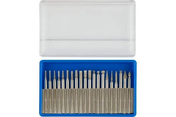 Набор мини-насадок Зубр с алмазным напылением в пластиковом боксе P 180 хвостовик диаметр 3 мм 20 предметов 33383-H20