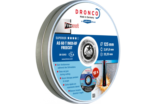 Диск отрезной по нержавейке InoxFre AS60 BOX-10 (10 шт в жестяной коробке; 125x2/1x22.23 мм) DRONCO 6900947100