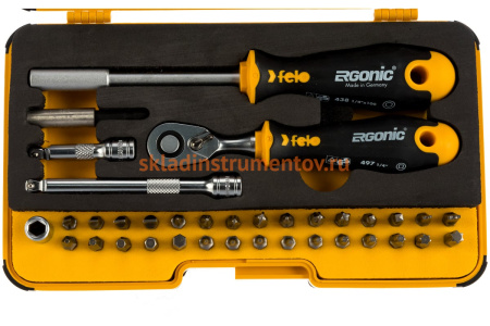 Набор бит Felo ERGONIC SL/HEX/PH/PZ/Tx/SQ/SPANNER/BH/MS с трещоткой и отвертка с держателем бит в кейсе, 36 шт 05783606