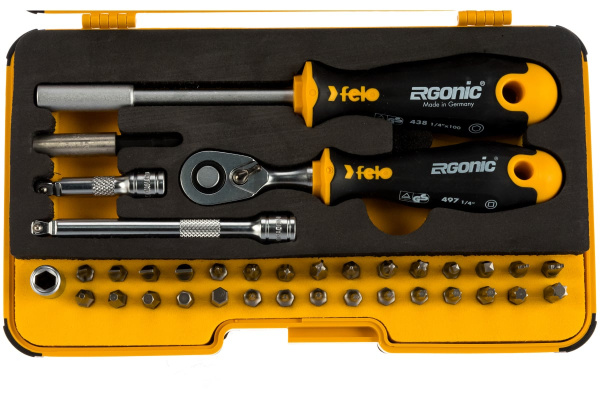 Набор бит Felo ERGONIC SL/HEX/PH/PZ/Tx/SQ/SPANNER/BH/MS с трещоткой и отвертка с держателем бит в кейсе, 36 шт 05783606