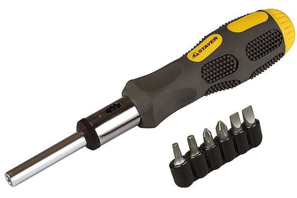 Реверсивная отвертка MAX-GRIP в наборе с битами 7 предметов STAYER 2588-H7 G