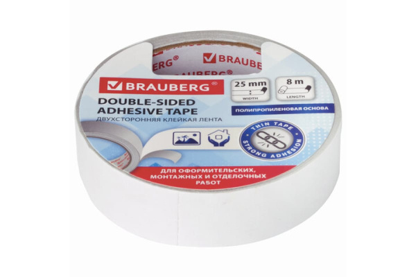 Клейкая двухсторонняя лента BRAUBERG 25 мм х 8 м, полипропиленовая основа, 90 микрон 606425 Клейкая двухсторонняя лента BRAUBERG 25 мм х 8 м, полипропиленовая основа, 90 микрон 606425