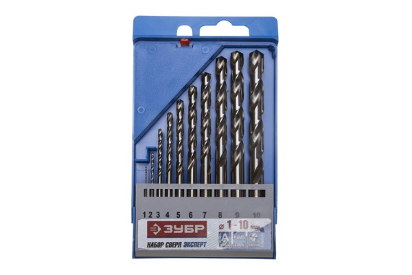 Набор сверл по металлу (10 шт., 1-10 мм, класс А, сталь Р6М5) Зубр 29625-H10