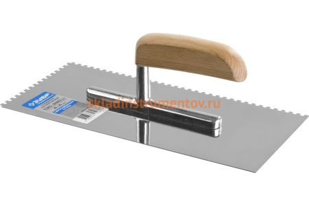 Гладилка Зубр Профи нержавеющая сталь, с деревянной ручкой, зуб 4х4мм, 130х280мм 0806-04_z01