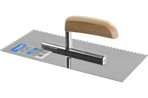 Гладилка Зубр Профи нержавеющая сталь, с деревянной ручкой, зуб 4х4мм, 130х280мм 0806-04_z01