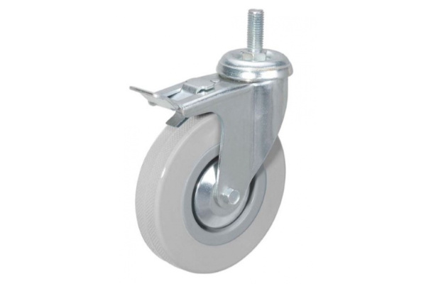 Колесо серая мягкая резина крепление болтом М10 с тормозом SCTGB93 75 мм MFK-TORG 5064075M