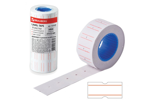 Этикет-лента BRAUBERG белая, 5 рулонов по 600 шт, 21х12 мм 123568