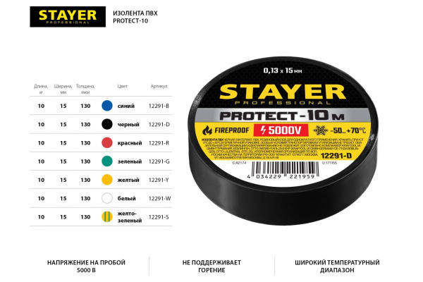 Изолента STAYER Protect-10 ПВХ 10м (0,13х15 мм), желто-зеленая 12291-S