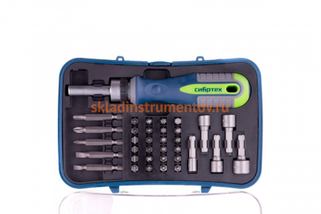 Реверсивная отвертка с набором бит и торцевыми головками, 35 шт. СИБРТЕХ 13337