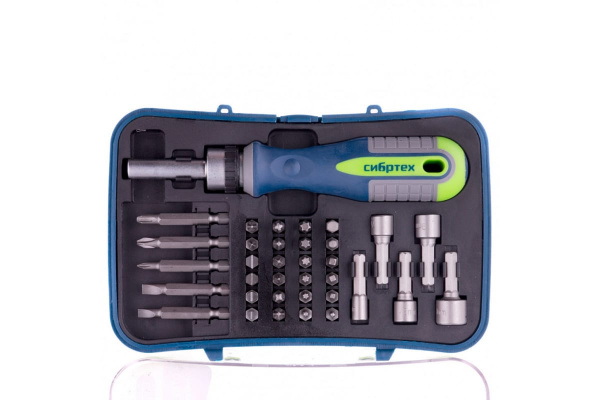 Реверсивная отвертка с набором бит и торцевыми головками, 35 шт. СИБРТЕХ 13337