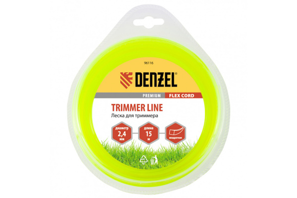 Леска для триммера квадрат 2,4 мм х 15 м блистер FLEX CORD DENZEL 96116