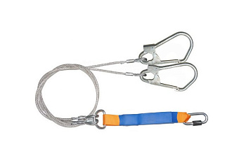 Двойной строп из металлического троса с амортизатором, с двумя большими монтажными и одним соединительным карабином ПРОГРЕСС СЕФЕТИ аБд+Кс исп.3