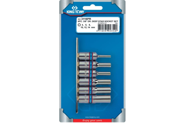 Набор глубоких торцевых головок 3/8", TORX Е-стандарт, Е4-Е14, 6шт KING TONY 3116PR