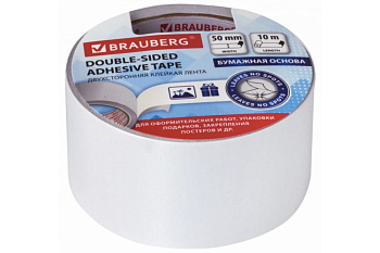 Клейкая двухсторонняя лента BRAUBERG 50 мм х 10 м, бумажная основа 229055