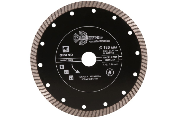 Диск алмазный отрезной Турбо ультратонкий Grand hot press (180х22.23 мм) TRIO-DIAMOND GTT704 Диск алмазный отрезной Турбо ультратонкий Grand hot press (180х22.23 мм) TRIO-DIAMOND GTT704