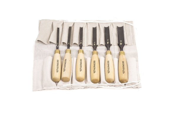 Набор стамесок 8, 10, 12, 16, 20, 26мм (полукруглая РК, 6 штук, в сумке-скрутке) Петроградъ М00012812